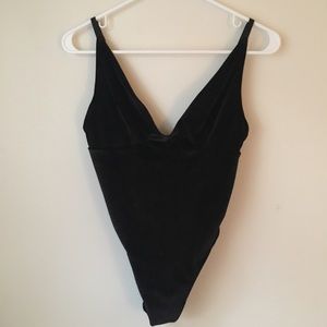 Black High Cut Crushed Velvet Bodysuit